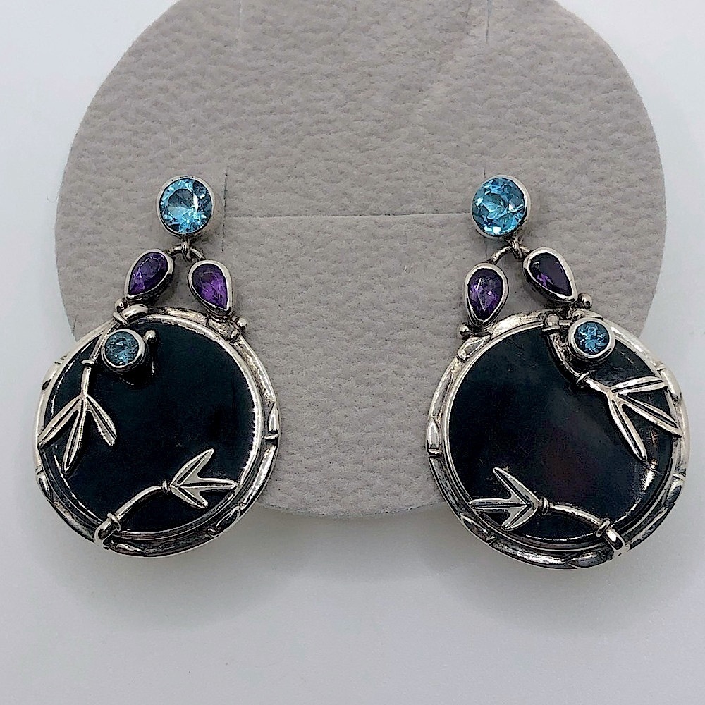 SAJEN Sterling Amethyst Blue Topaz Round Disc Circle Bamboo Motif Earrings 1.4”